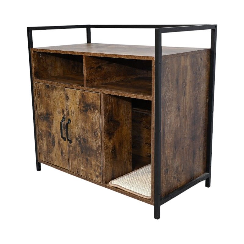 Rustic Brown Wooden Cat Litter Box Enclosure, Spacious Hidden Cat Litter Box With Scratching Mat Furniture For Bedroom, Bathroom, Living Room-31.9"x17.7"x31.4", 61 Lbs_voghion.com