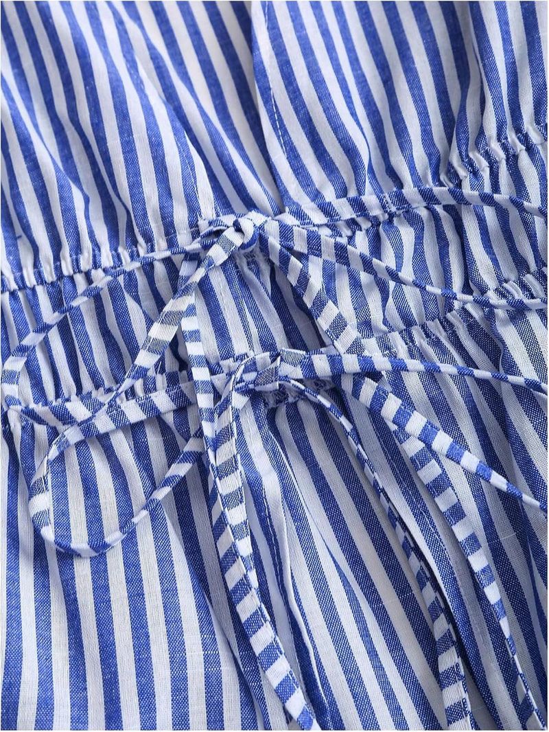 Women's Clothing Striped Front Tie Up Trumpet Sleeve Deep V Neck Elegant Ruffle Top_voghion.com