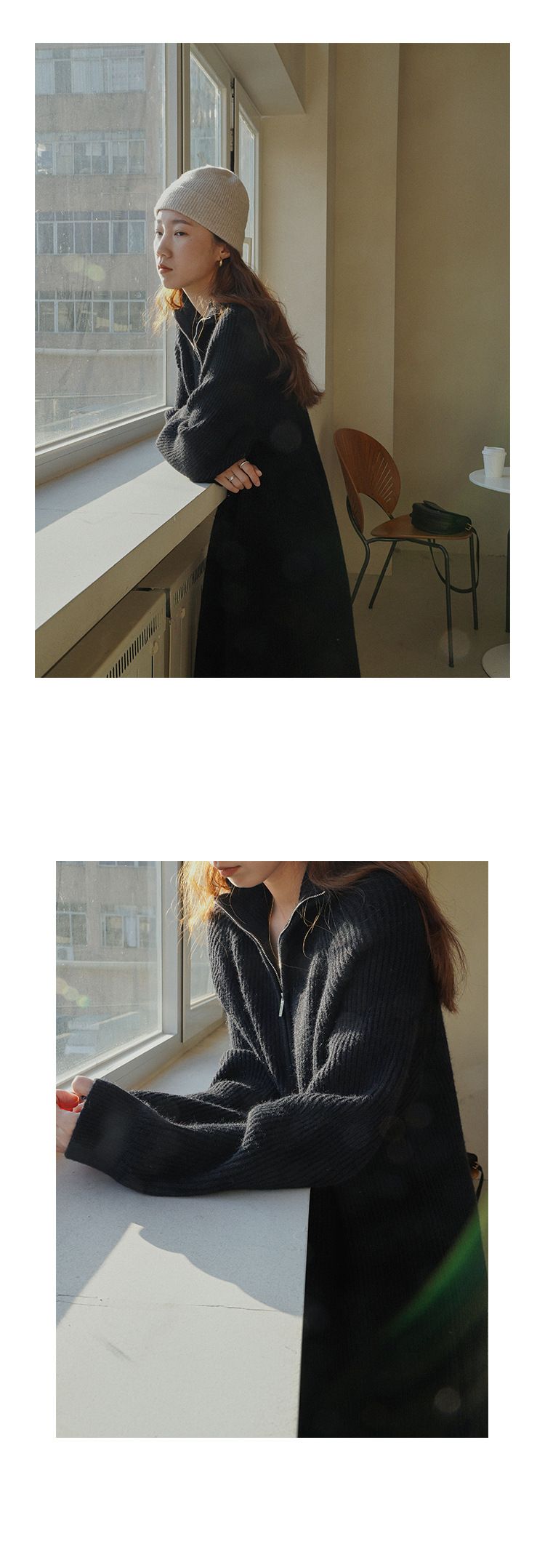 Maglione largo sopra il ginocchio, lunghezza media, con colletto rovesciato, stile pigro, strato interno in maglia, abito da donna per autunno inverno_voghion.com