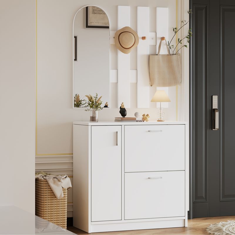 Meuble à chaussures avec portes battantes et coulissantes, rangement d'entrée avec miroir et crochets, étagère à chaussures blanche pour petits couloirs, rangement de salon_voghion.com