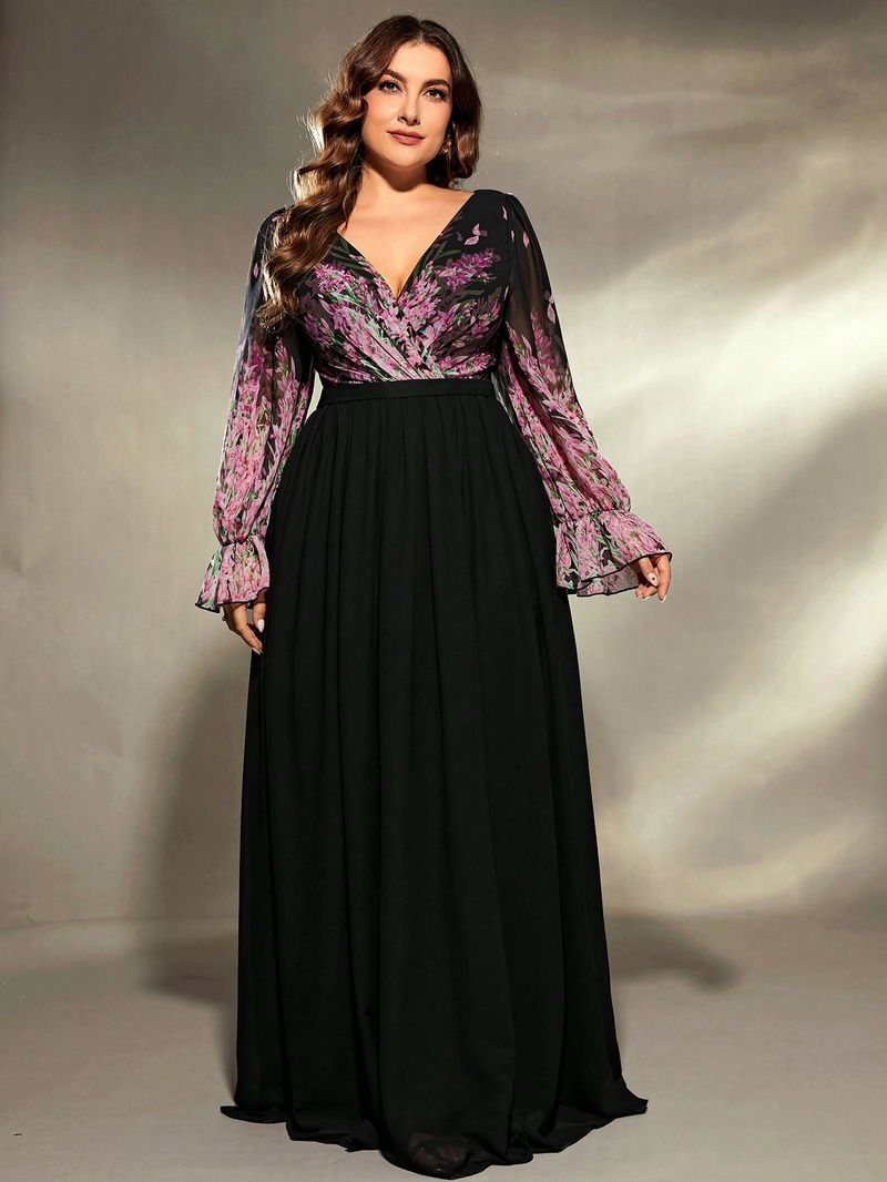 Elegante V-hals plus-size lange mouwen feestjurk voor vrouwen - A-lijn formele jurk met flatterende pasvorm voor verjaardagen en speciale gelegenheden_voghion.com