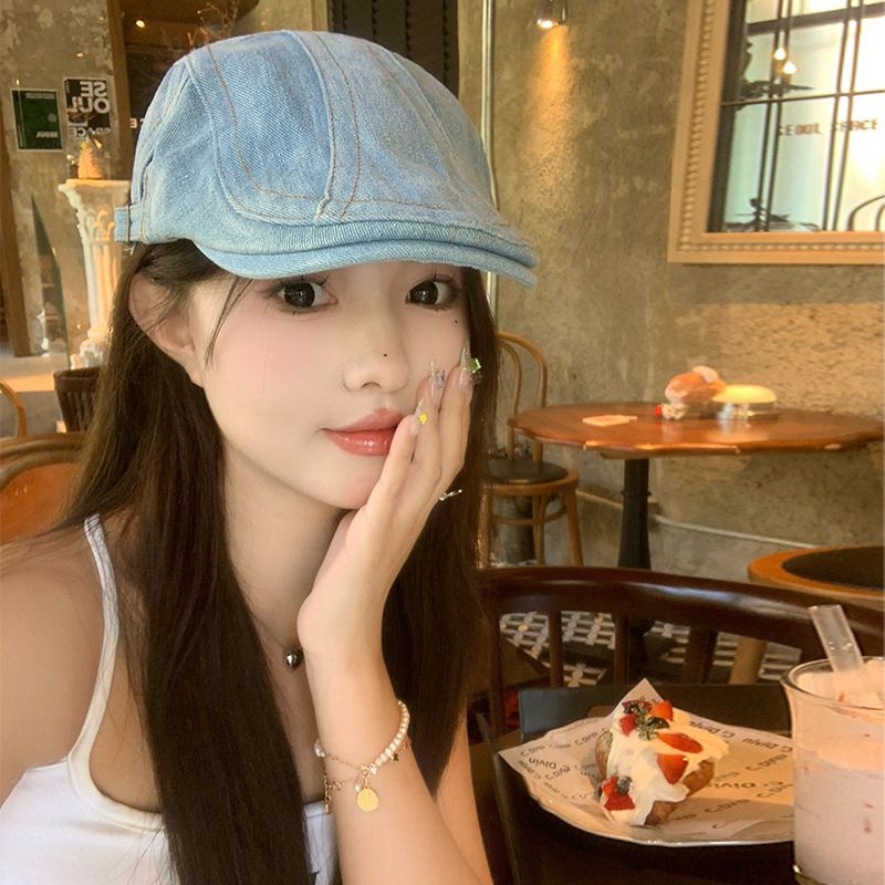 2025 Neue gewaschene Denim-Cap für Damen, vielseitig für Sommer und Herbst, großer Kopfumfang, gesichtsschlank machend,_voghion.com