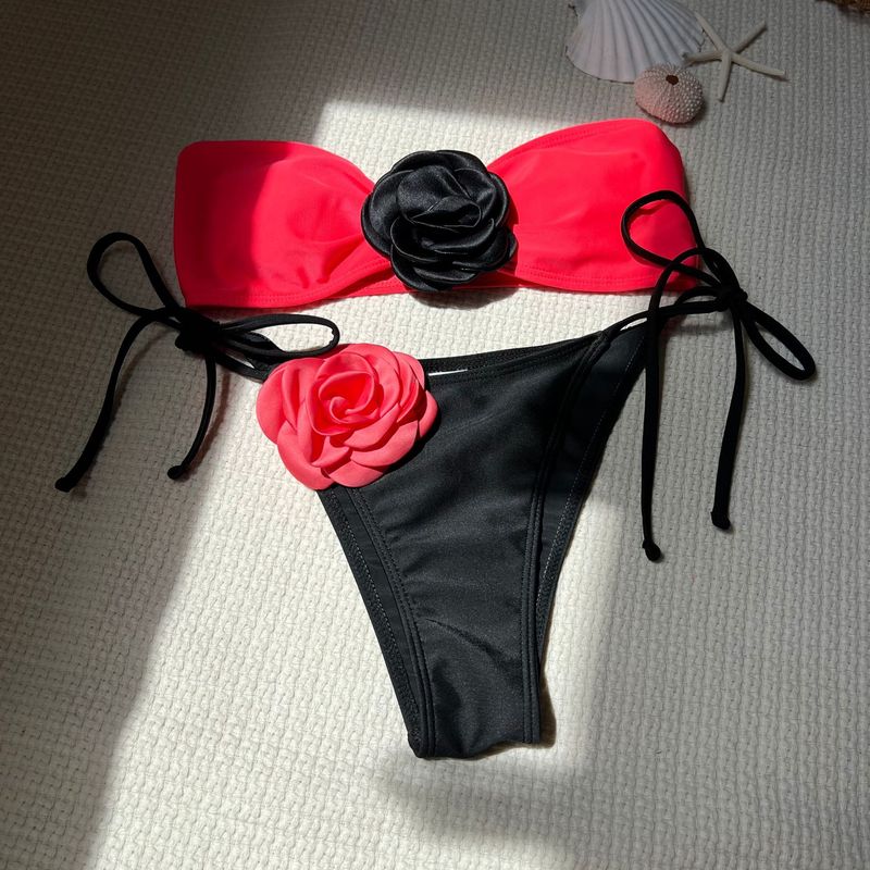 Dameskleding Kleur bijpassende rozen tube top met trekkoord bandjes split badpak bikini_voghion.com