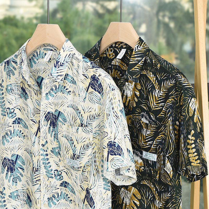 Camicia in lino con stampa fresca e artistica per uomo, estiva, a maniche corte, con scollo quadrato sottile._voghion.com