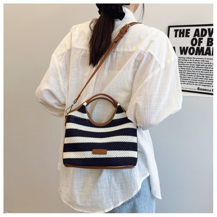 Borsa a secchiello con motivo a righe per donna, borsa da spiaggia casual in stile vacanza di grande capacità, tracolla singola_voghion.com