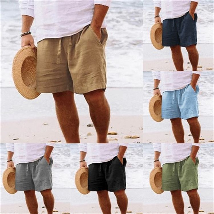 Pantalones cortos de algodón y lino para hombre, de verano, lisos, con cordón ajustable, cintura elástica y bolsillos, informales, para playa_voghion.com