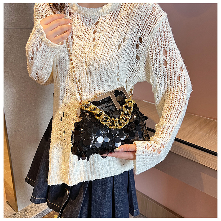 Piccola borsa per le donne 2023 Nuova borsa a tracolla versatile con catena di paillettes, borsa da sera con clip alla moda_voghion.com