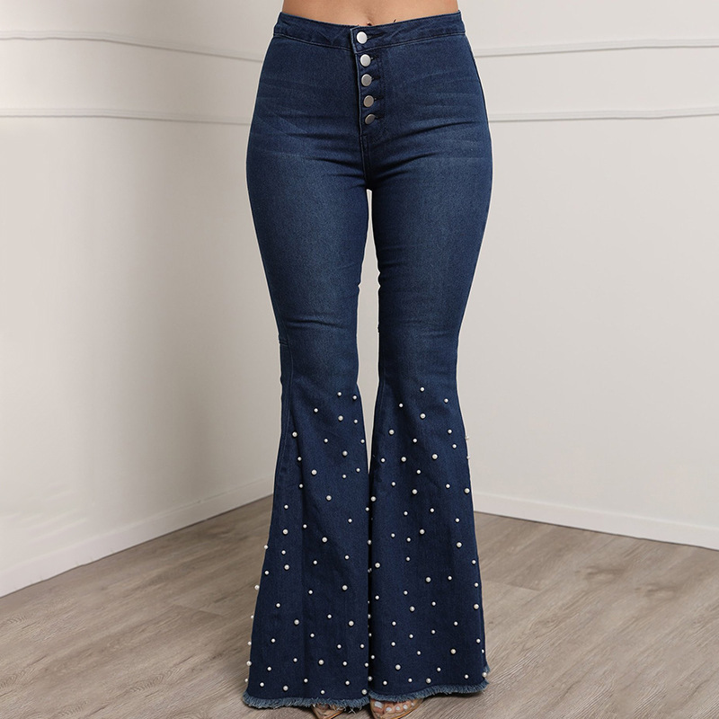 Stretch-casual jeans met uitlopende pijpen en kralen voor dames_voghion.com