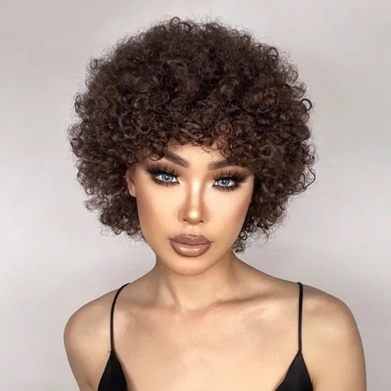 Mogolian Glueless Short Afro Curly Bob Human Hair Wigs With Bangs Women Remy Hair Natural Brown Kinky Curly_voghion.com