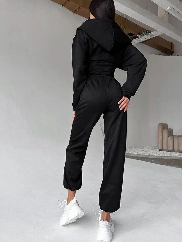 Women's Solid Color Hooded Sweatshirt & Jogger Pants Set - Stylish Streetwear Two-Piece Outfit For Fall/Winter Casual Wear_voghion.com