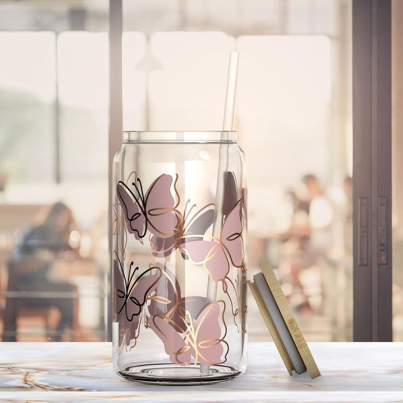 Moderner, minimalistischer Glasbecher mit Bambusdeckel – 16 oz Borosilikat-Schmetterlingsdesign, auslaufsicher und umweltfreundlich (Eiskaffee/Tee/Schaumgetränk)_voghion.com
