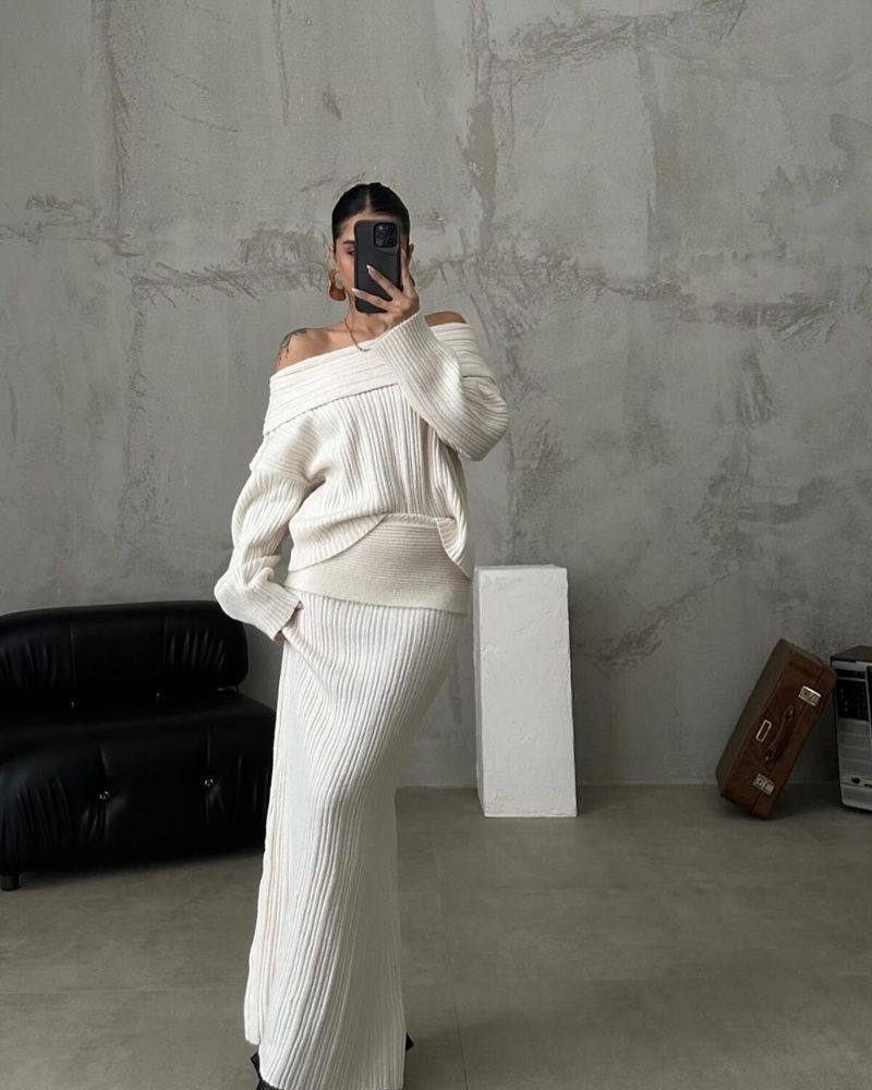 Women's Clothing One Shoulder Slim Loose Solid Color Knitted Sweater Two piece Set Long Sleeve_voghion.com