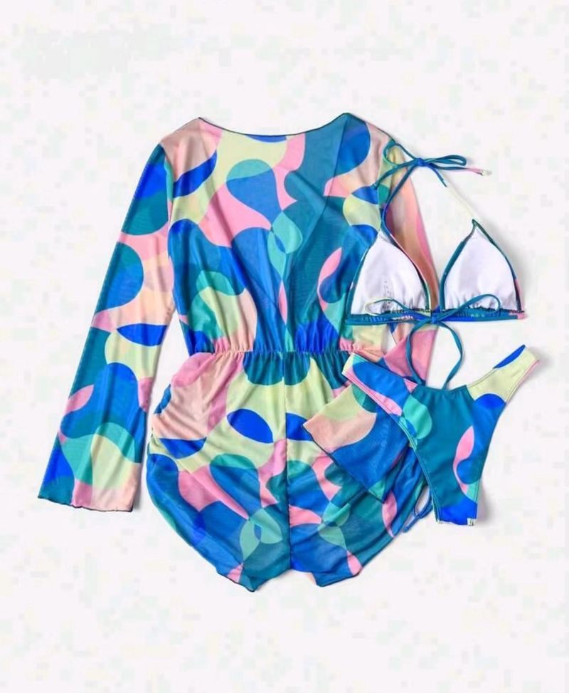 Women's new swimsuit one-piece long-sleeved mesh cover-up bikini three-piece swimsuit for women bikini_voghion.com