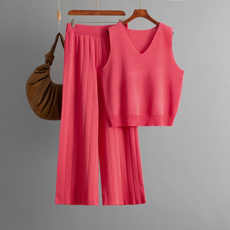 Top lavorato a maglia tinta unita con scollo a V e completo casual a due pezzi con gamba larga e vita alta alla moda estiva_voghion.com