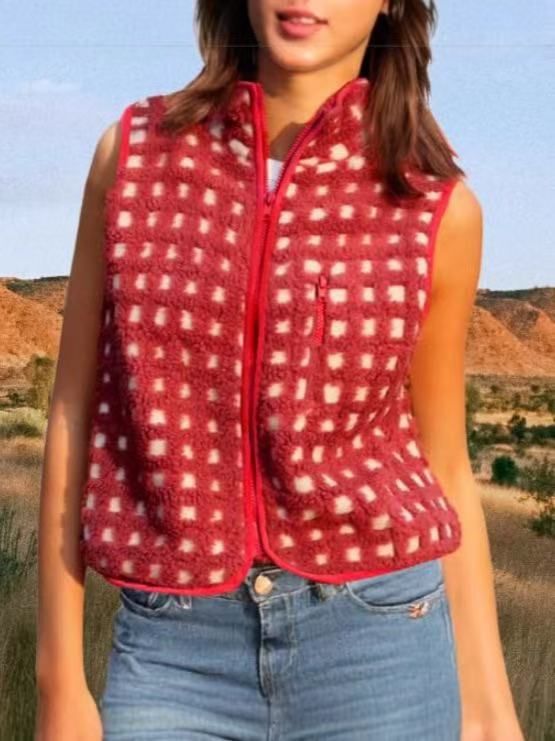 Gilet zippé en polaire gaufrée pour femme, col montant, sans manches, superposition légère et chaude pour l'automne et l'hiver_voghion.com