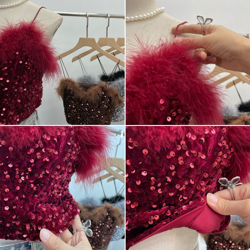 Completo due pezzi con canotta in pelliccia e paillettes + maglietta a maniche lunghe con collo alto e mezza maglia in prospettiva_voghion.com