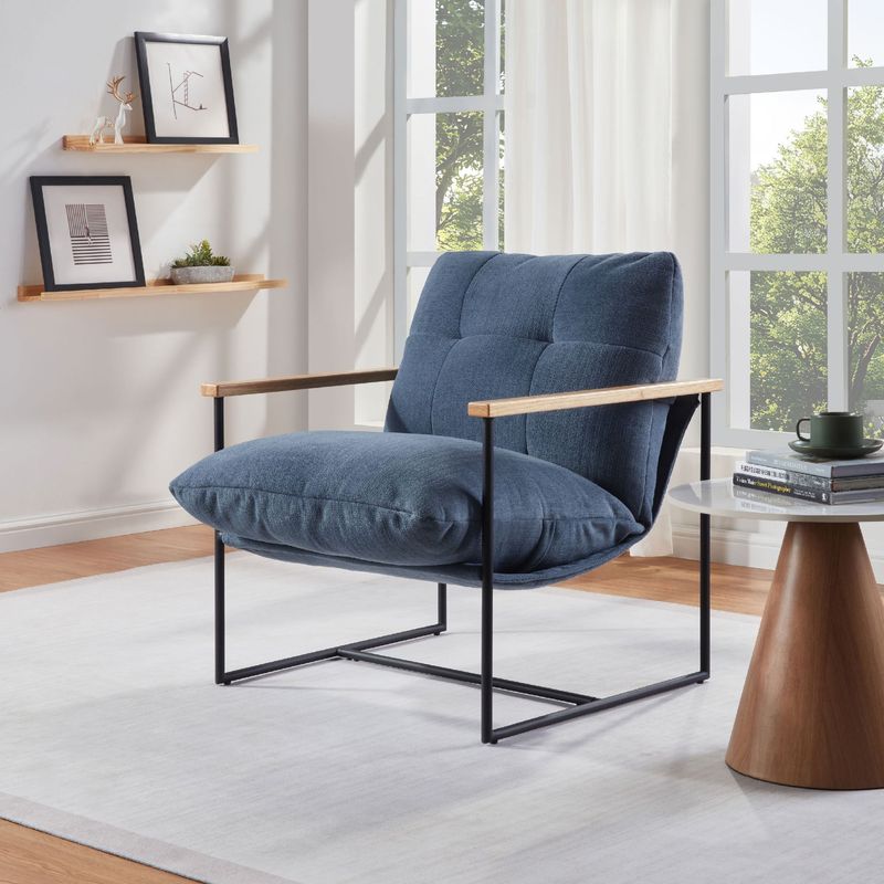 Modern Accent Chair, Comfy Chair With Removable Cushion, Vanity Chair With Wood Armrests For Living Room, Bedroom, Blue_voghion.com