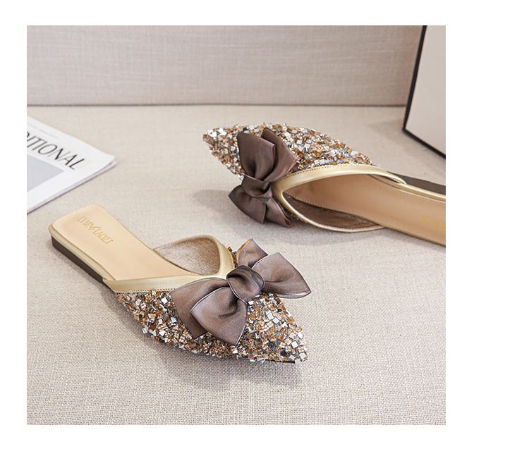 Halbschuhe Damen Sommer Neue Ein-Pedal-Tasche Kopfschuhe Flache Sohlen Strass Sandalen Große Größe 41-43_voghion.com