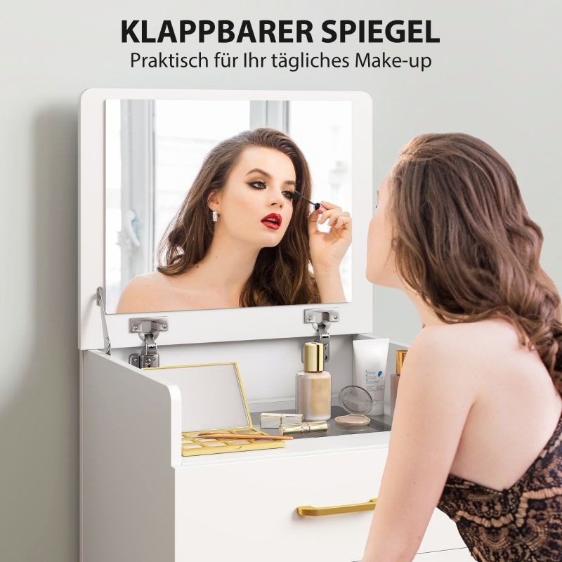 Schminktisch 3 in 1 con spiegel, funzione notturna, rollhocker e Schubladen, bianco_voghion.com
