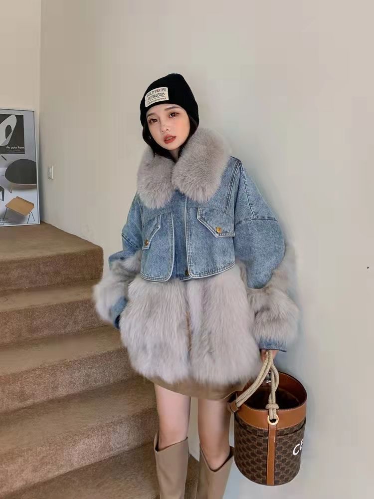 Damenbekleidung Pelz Patchwork Pelzmantel Koreanischer Stil Lässig Großer Pelzkragen Verdickte Denim-Baumwolle Winterkleidung Für Frauen_voghion.com