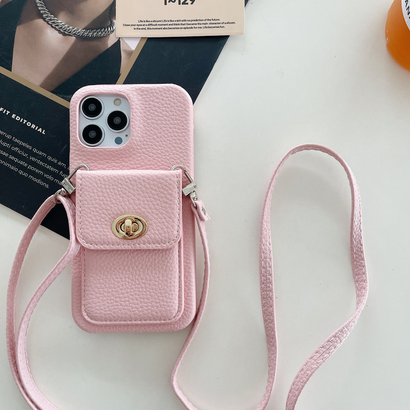 Mobile phone case lock card holder diagonally suitable for Apple 15pro max mobile phone case iPhone14 pebbled pattern protective cover_voghion.com
