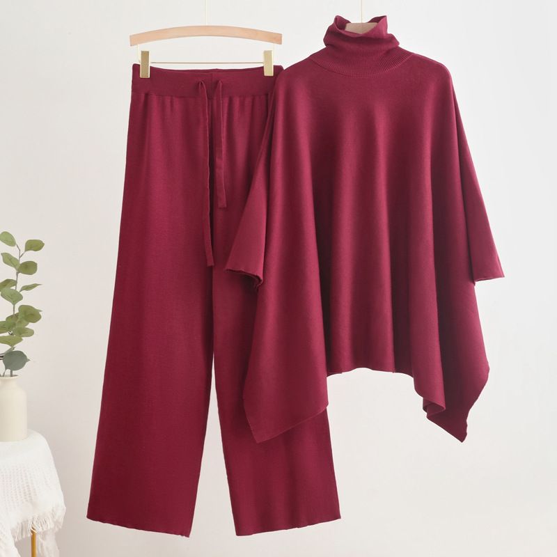 Damenbekleidung Herbst und Winter neuer zweiteiliger Anzug hoher Kragen Umhang einfarbig gestrickter Pullover elastische Taille Hose mit weitem Bein Temperamentanzug_voghion.com