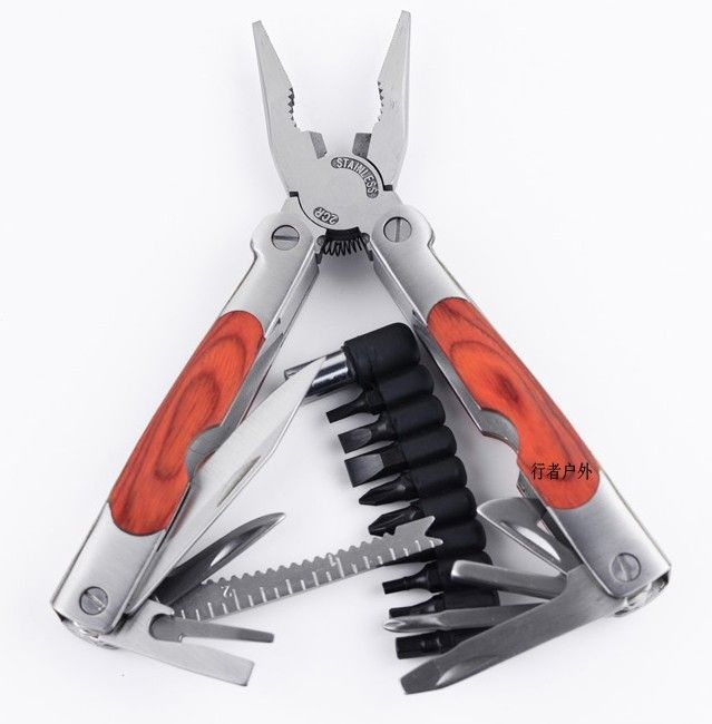 Large Colorful Wooden Handle Multi-Function Bit Folding Stainless Steel Car Multi-Purpose Tool Pliers_voghion.com