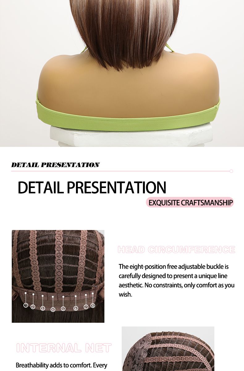 Dunkelbraune, gerade, kurze Bob-Perücke mit Farbverlauf und Pony, Damenperücke aus natürlicher Kunstfaser, für den täglichen Gebrauch, Party, hitzebeständiges Faserhaar_voghion.com