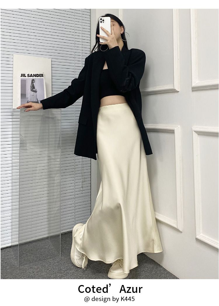 2024 Summer New Luxury High Waist Slim Satin Smooth French Fishtail Wrap Hip Long Half Skirt Children's_voghion.com