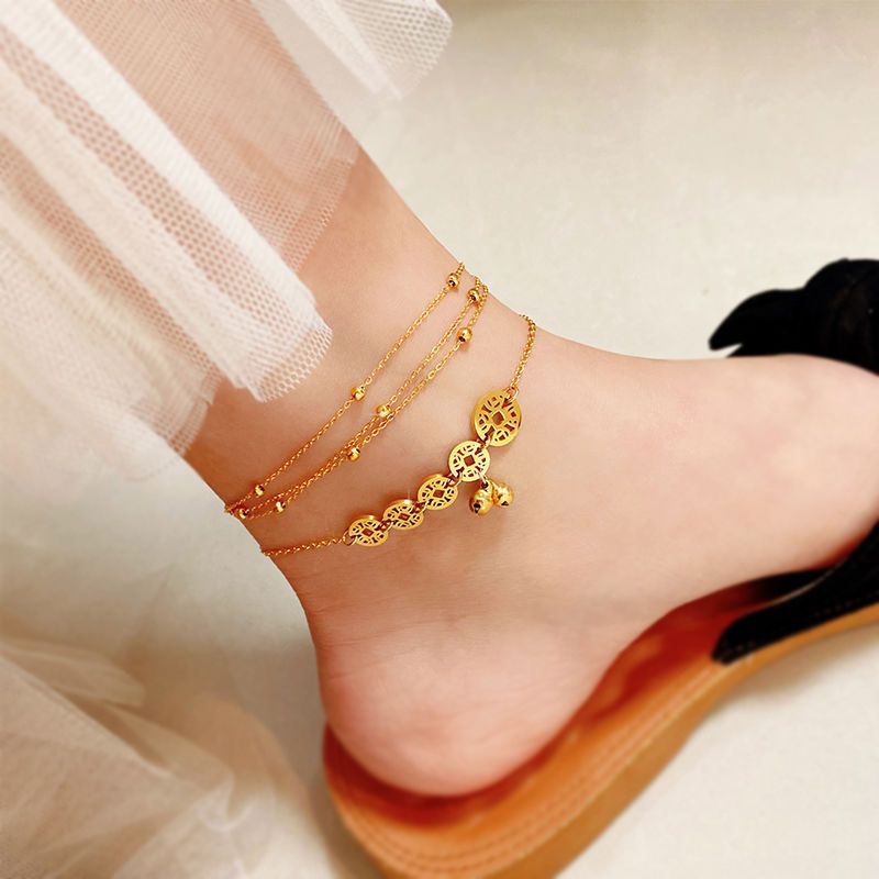 Bell Five Emperor Women's Brass Gold-plated Simple Fashion Antique Net Red Coin Anklet_voghion.com
