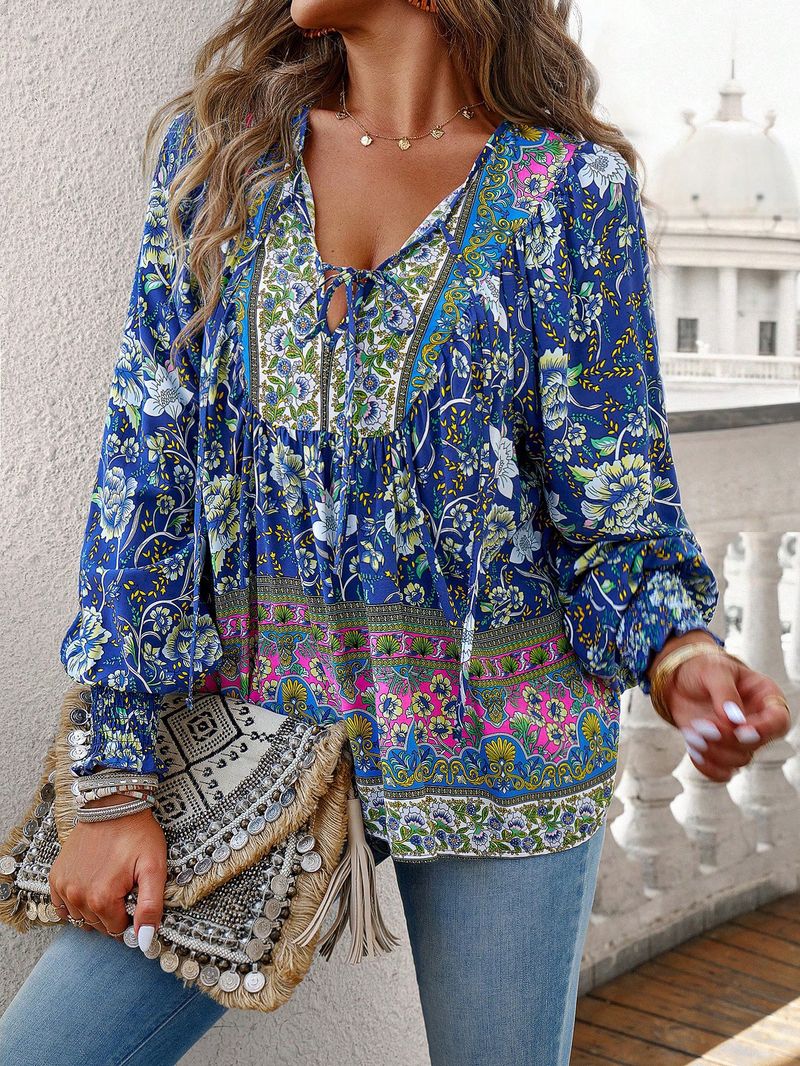 Maglietta stampata da donna, top a maniche lunghe con scollo a V e temperamento_voghion.com