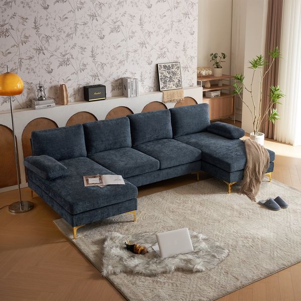 U-Shaped 4-Seat Indoor Modular Sofa Grey-Blue Color_voghion.com