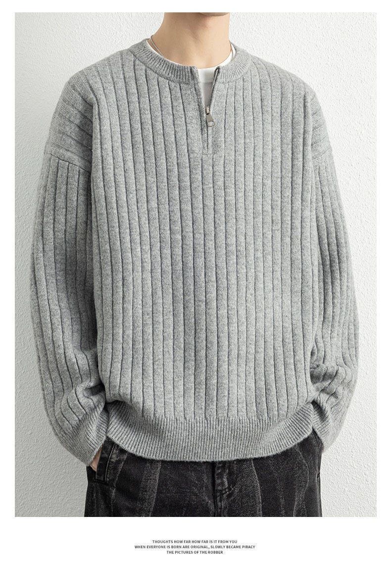 Maglione lavorato a maglia con mezza zip – Pullover testurizzato da uomo con vestibilità comoda (grigio/nero/beige, M-XXXL)_voghion.com