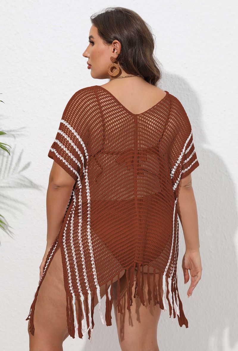 Chemisier de vacances pour femmes, grande taille, rayé, coutures contrastées, robe de plage, bikini, vêtements d'extérieur_voghion.com