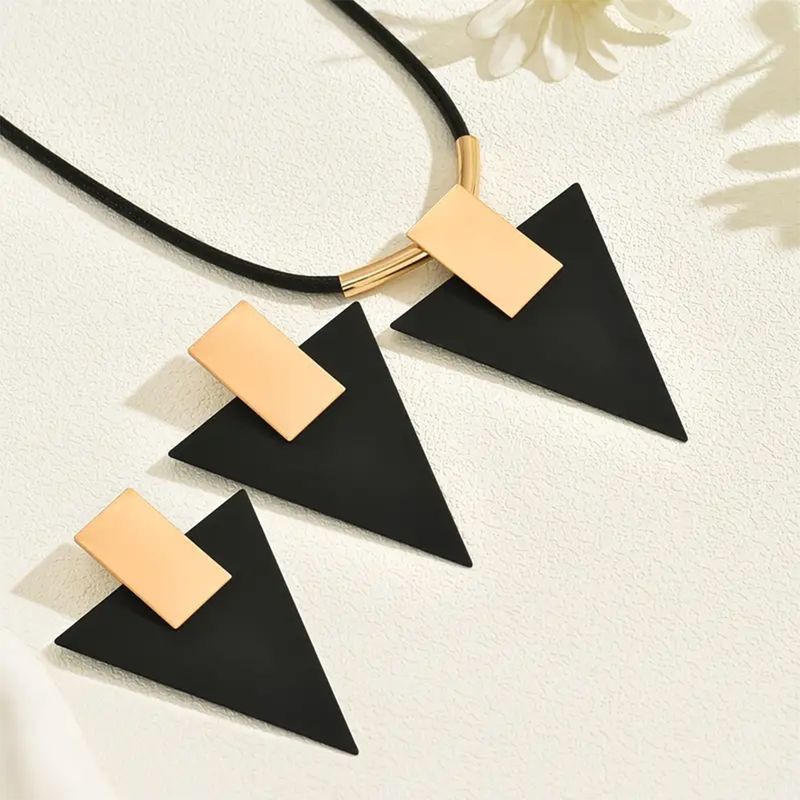 Jewelry Sets Necklace Earring Set Ring Bracelet Set Three-Piece Women's Jewelry Set, Geometric Rectangle Inverted Triangle Two-Tone Pendant With Blac_voghion.com