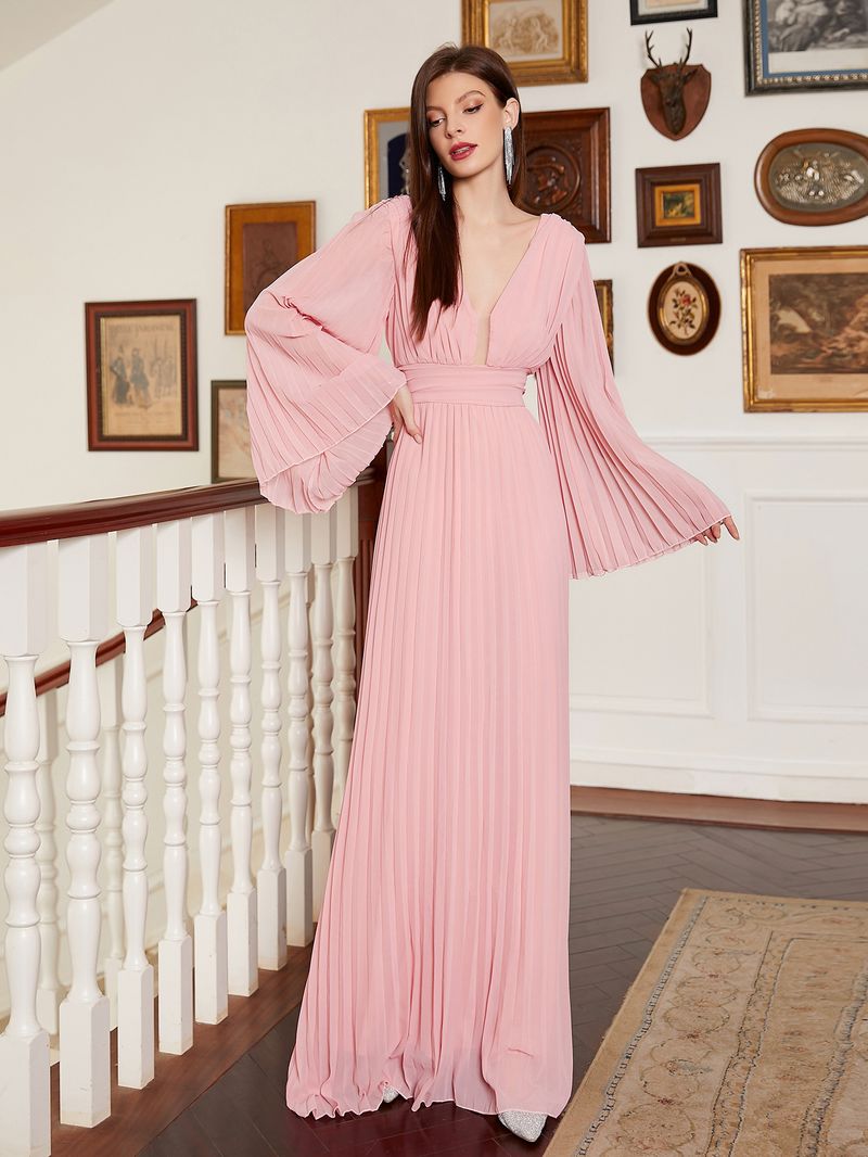Robe de soirée longue élégante à col en V pour femme - Robe trapèze longue au sol avec volants, décolleté en V profond et manches longues pour banquet ou bal de fin d'année_voghion.com