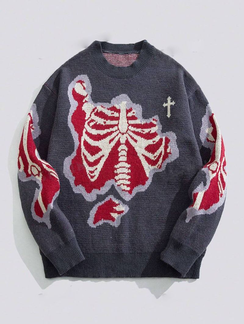 Herrenbekleidung Herbst- und Winter-Strickpullover Skelett-Jacquardpullover lockere Pullover Rundhalsoberteile_voghion.com