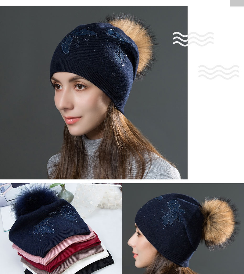 Women's Winter Fur Raccoon Ball Warm Hot Diamond Hollow Butterfly Knitted Versatile Fashion Pullover Hat_voghion.com