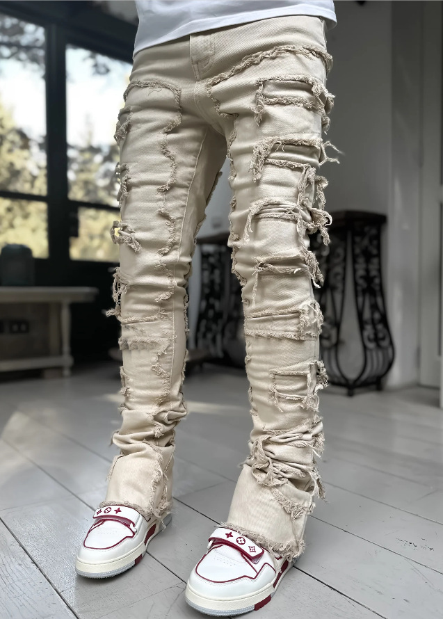 2023 neue männer Street Fashion Ins Elastische Patch Denim Gerade Bein Hosen_voghion.com