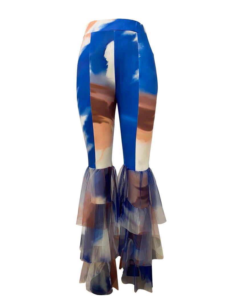 Dammekleeder Kontrastfaarfdrock Mesh Rüschen Bell Bottom Hosen Véier Saisonshosen_voghion.com