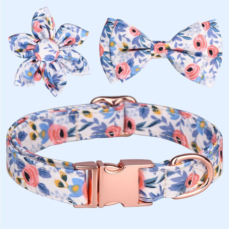 Pet Engravable Detachable Flower Butterfly Print Dog Leash Collar Set_voghion.com
