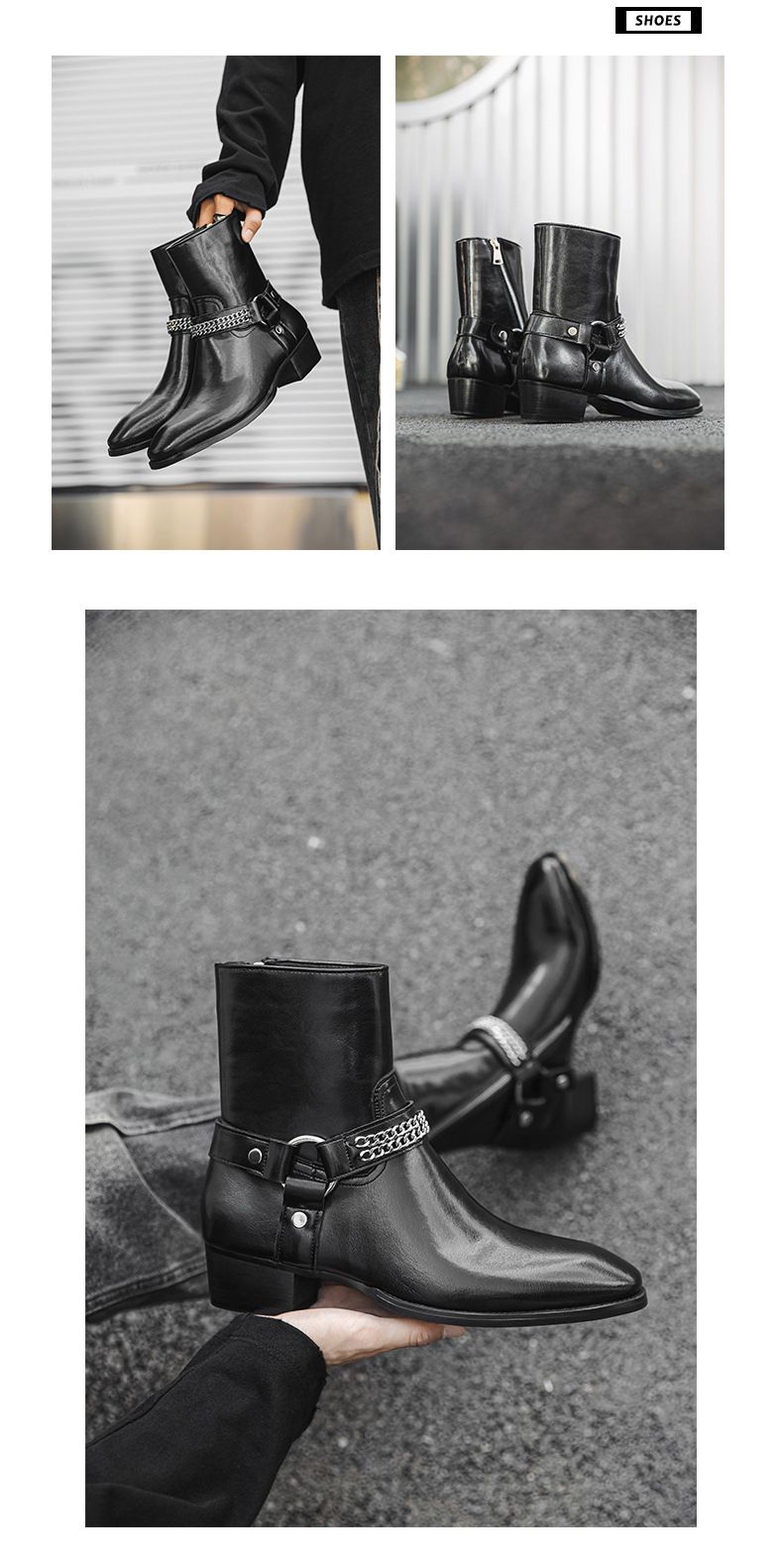Botas Chelsea con plataforma alta y cremallera para hombre, botas Martin con cadena para hombre_voghion.com