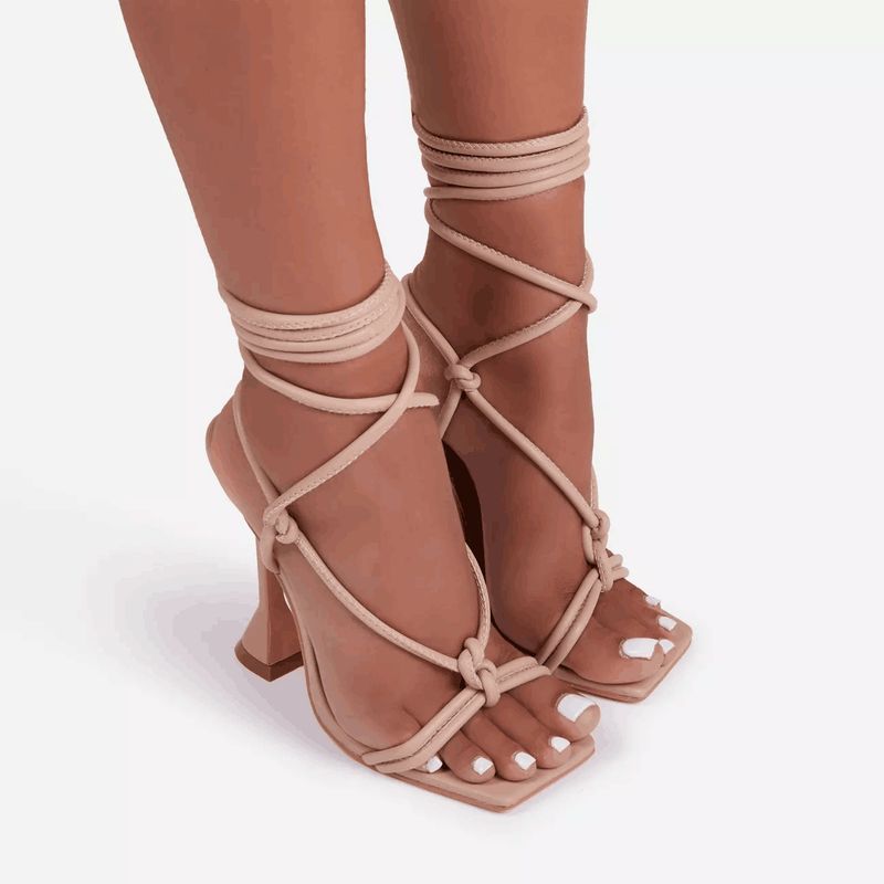 Sandals For Women With Thin Apricot Colored, Medium And Thick Heels, Summer Square Toe, Roman Lace Up, Oversized Fashion_voghion.com