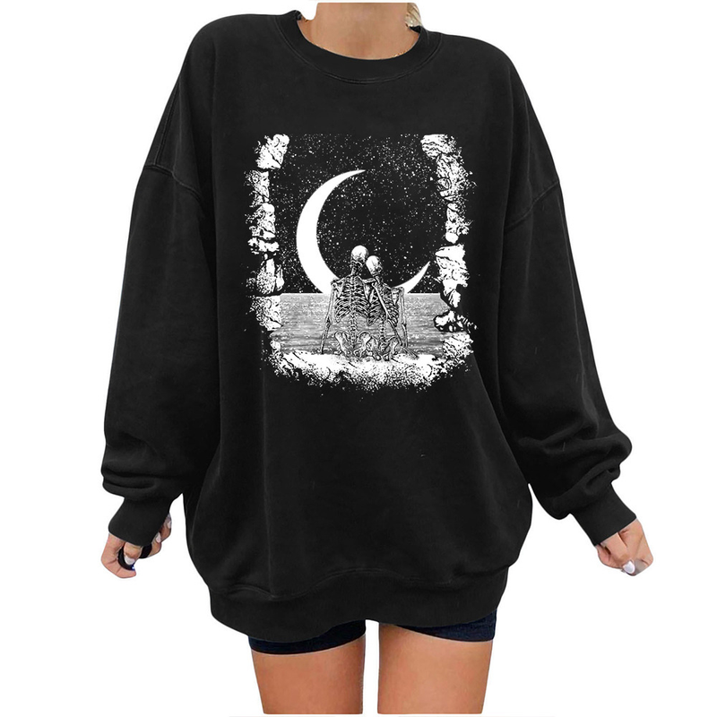 Halloween Skull Print Brushed Shoulder Long Sleeve Sweater Round Neck Women's Casual Top Unisex_voghion.com