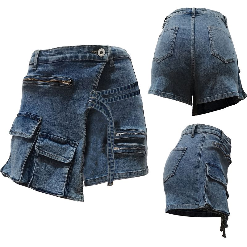 Mono de mezclilla elástico para mujer, pantalones cortos de mezclilla con múltiples bolsillos con cremallera_voghion.com