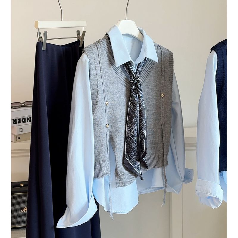 Completo tre pezzi in maglia elegante e snellente in stile coreano autunnale, anti-età, versatile, con camicia a maniche lunghe e sciarpa_voghion.com