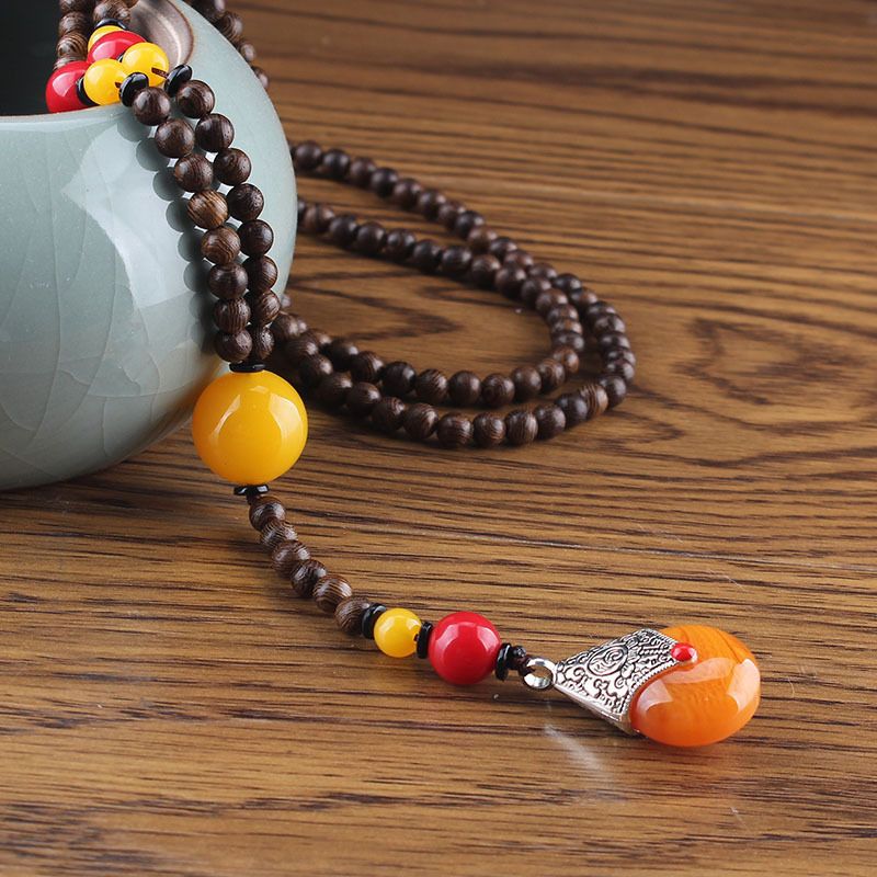 Collana con perline buddiste in legno di wengè in stile etnico, ciondolo per abbigliamento in cotone e lino, accessori da donna semplici_voghion.com