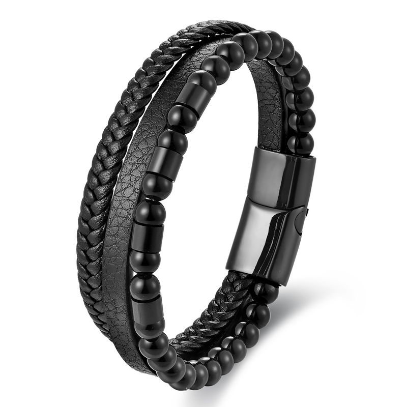 Herrenschmuck Schwarzes Lederseil Rindsleder Herren Doppeltes Edelstahl Echtleder Geflochtenes Armband Handgefertigtes mehrschichtiges Lederarmband_voghion.com