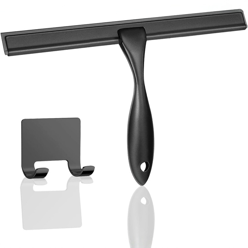 Suitable For Bathroom Wall, Mirror, Shower Door, Equipped With Adhesive Hook, Easy To Clean Shower Glass Door Wall Squeegee, 12 Inch Black Long Handle_voghion.com
