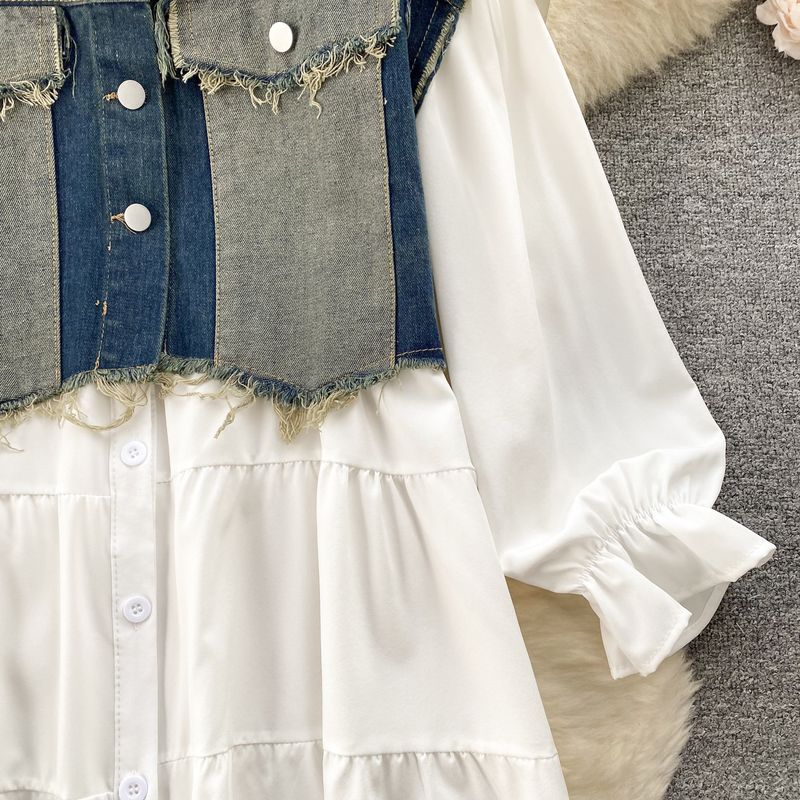 populära tvådelade kostymer, koreanska damkläder, designjacka i jeansväst, mångsidig babydollkjol, fashionabla tvådelade kostymer_voghion.com